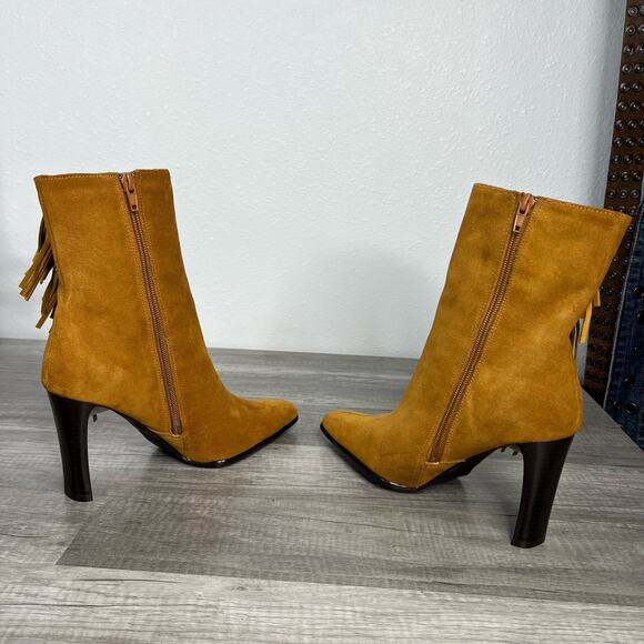 90s Fringe Square Toe Heeled Boots Tan Suede Western Predictions 7 1/2 - Picture 6 of 11